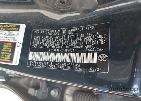 2017 Toyota Camry Se из США, поврежденный, VIN 4T1BF1FKXHU661511